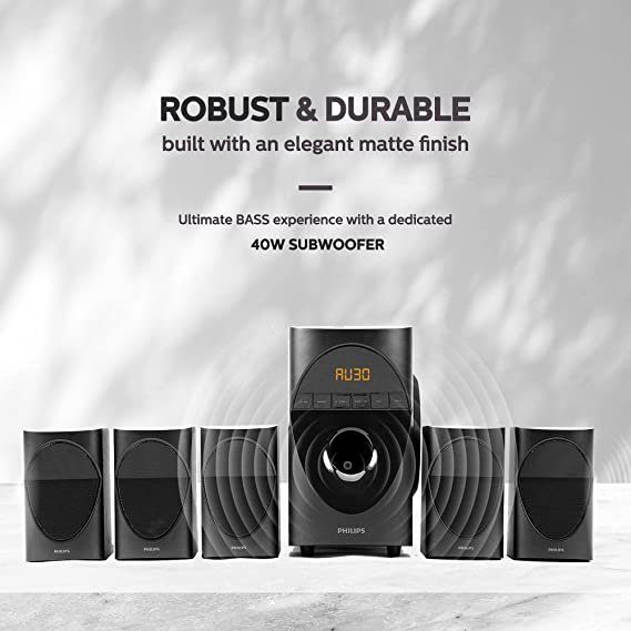 Philips Audio in-SPA 5190B/94 5.1 Channel 90W Multimedia Bluetooth Speaker System with 5x10W Satellite Speakers, LED Display, 40W Subwoofer & Multi-Co