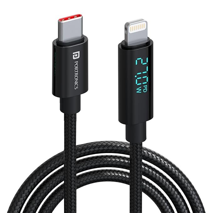 Portronics Konnect View 3A 27W Futuristic Type C to 8 Pin Unbreakable Nylon Braided Fast Charging Cable with Real Time Monitoring Led Display