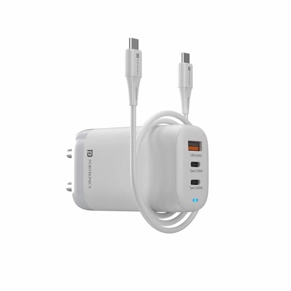 Portronics Adapto 65X 65w Mach USB and Type C Adapter wall charger with Triple Output Ports (1 USB + 2 PD)| Fast Charging with GaN Technology