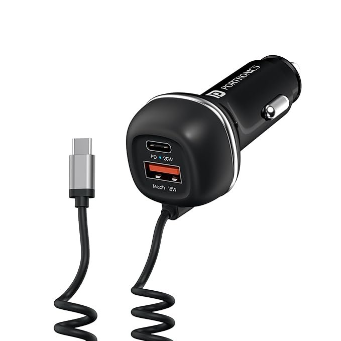 Portronics 71W Car Power 1C Triple Output Fast Car Charger with 33W Type-C Cable, 20W Type-C PD, 18W USB Port, Fast Charging