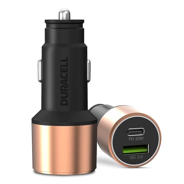 Duracell 38W Fast Car Charger Adapter with Dual Output. Quick Charge, Type C PD 20W & Qualcomm Certified 3.0 Compatible for iPhone, All Smartphones, T Total