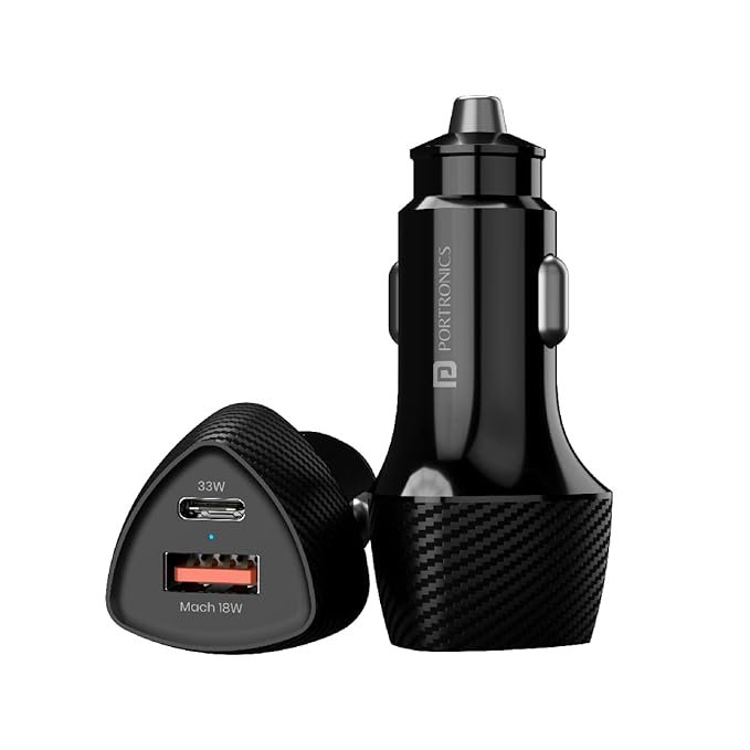 Portronics 51W Car Power 16 Fast Car Charger with Dual Output, 51 Watts Total (18W USB + 33W Type C PD)