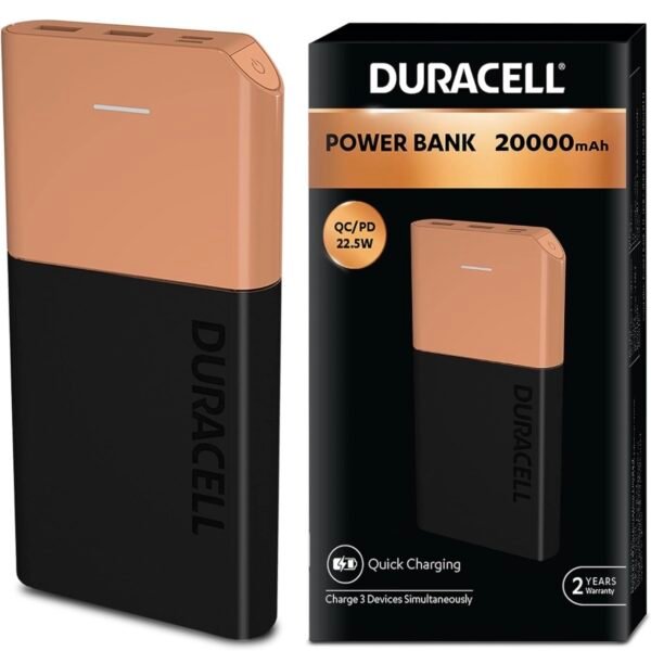 Duracell Power Bank 20000 mAh, Portable Charger, USB C/Micro USB Input, USB A/USB C Output, Fast Charge Technology, 22.5W Power Delivery for Smartphon