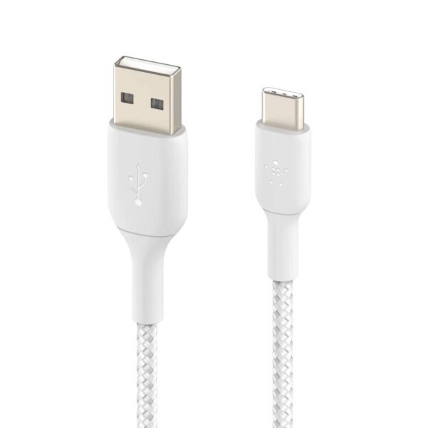 Belkin USB C to USB-A 2.0, Type C cable Tough Unbreakable Braided Nylon material 3.3 feet (1 meter) for Tablet, White, USB-IF Certified, Supports Fast
