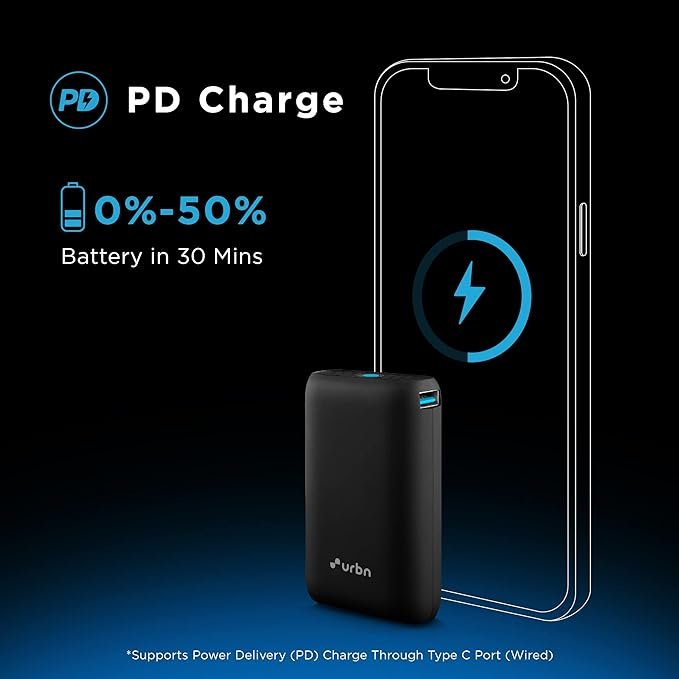 URBN 10000 mAh Nano Power Bank | 20W Fast Charging | Smallest Power Bank | Made with EV Batteries | Type C PD