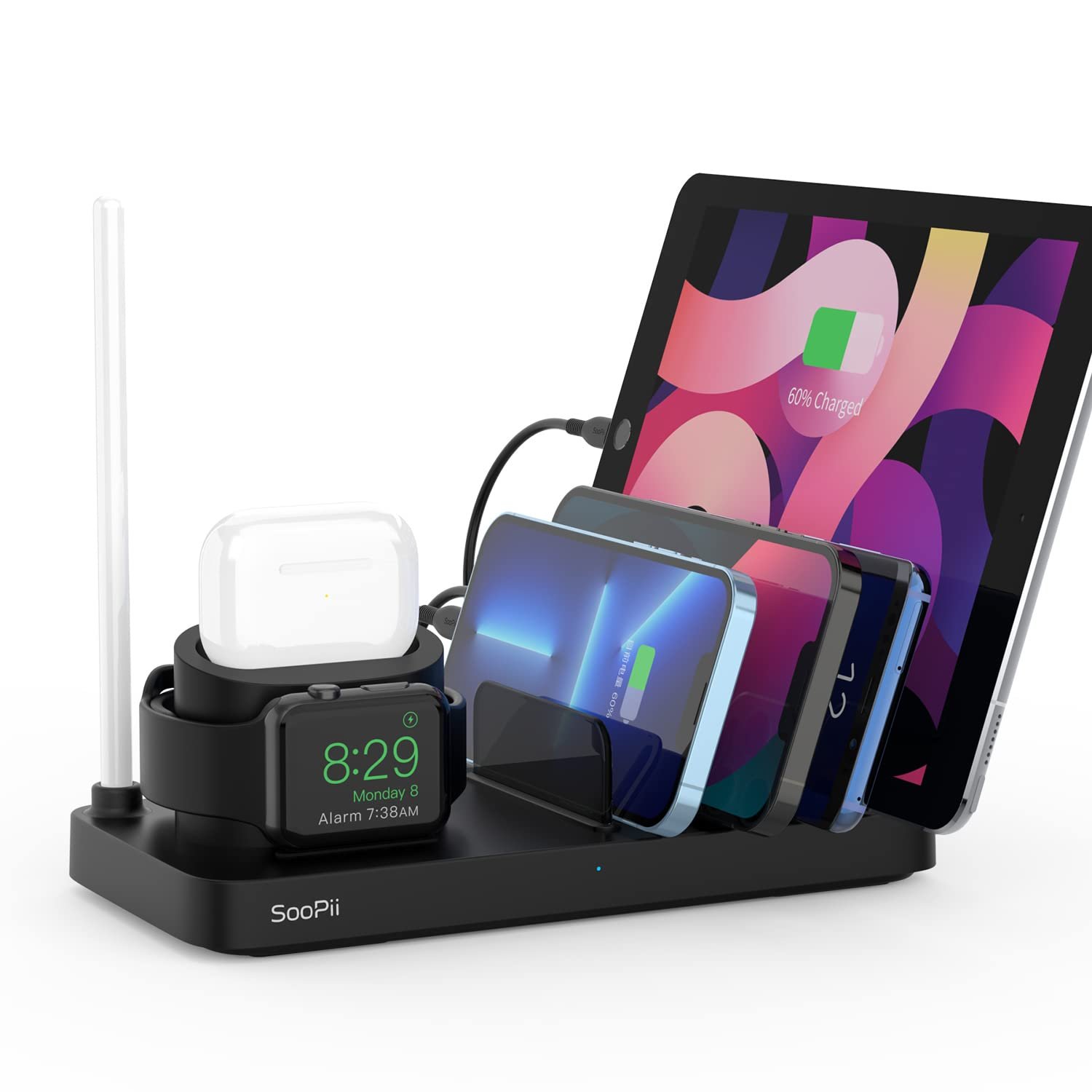 SooPii Premium 6 Port 50W Smart Charging Station and Charging Dock Multi-port Fast USB Charger Organizer for Charge & Clean & Multiple Devices with Sm